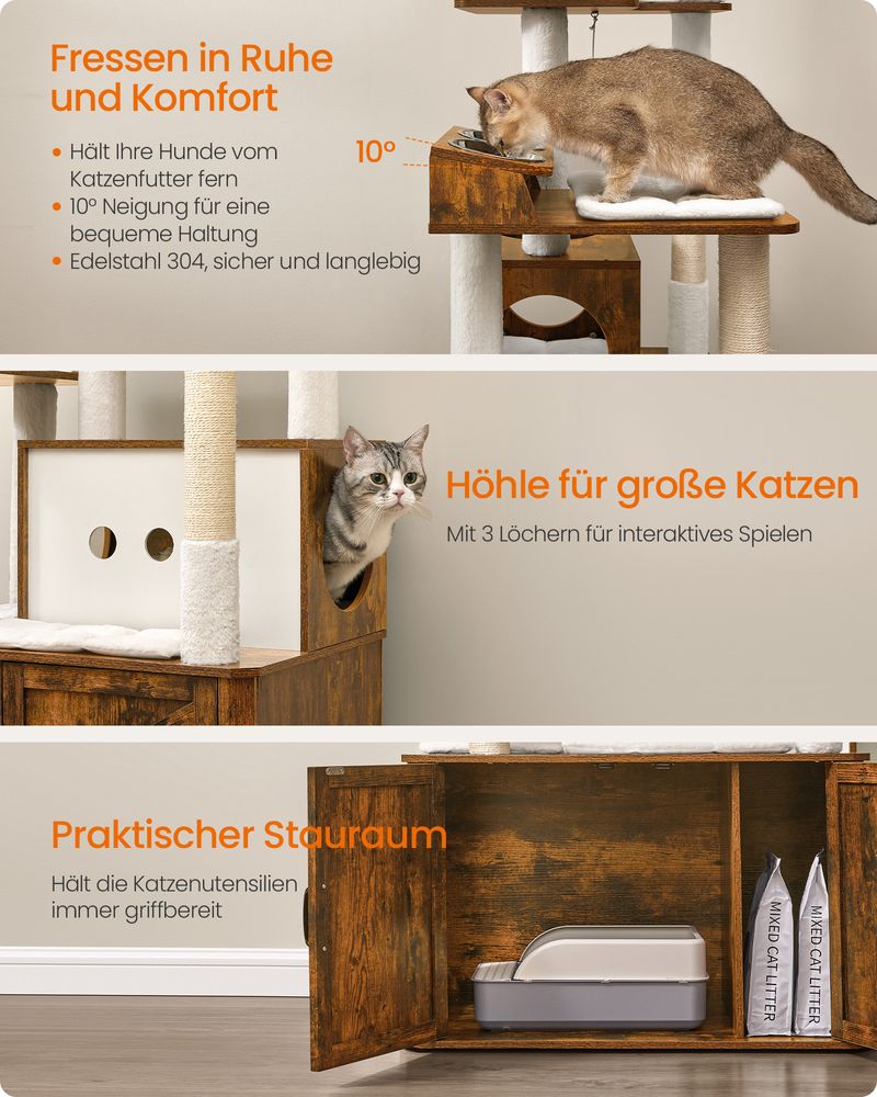 Katzenkratzbaum 170 cm – Großer Kratzbaum mit Katzenhaus – Erhöhte Futternäpfe & Stauraum