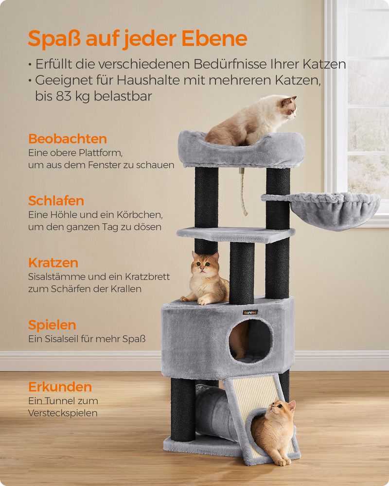 Kratzbaum mit Spieltunnel - Katzenturm mit Hängematte - Katzenbaum mit Plüsch-Liegeflächen