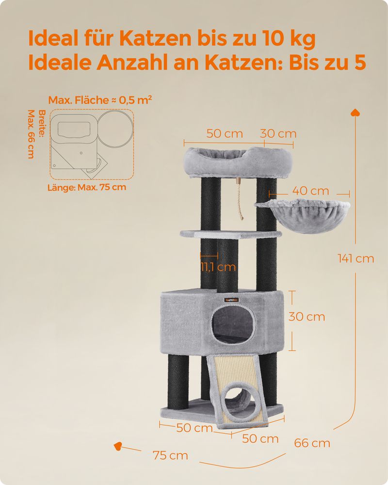 Kratzbaum mit Spieltunnel - Katzenturm mit Hängematte - Katzenbaum mit Plüsch-Liegeflächen