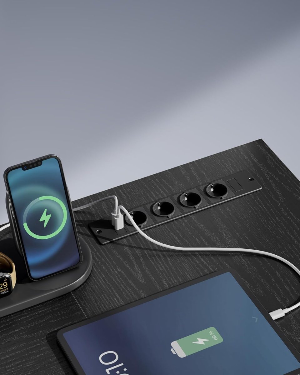 L-förmiger Eckschreibtisch mit LED-Beleuchtung und Steckdosen - USB-Anschlüssen - Gaming-Schreibtisch