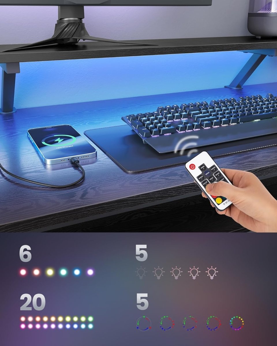L-förmiger Eckschreibtisch mit LED-Beleuchtung und Steckdosen - USB-Anschlüssen - Gaming-Schreibtisch