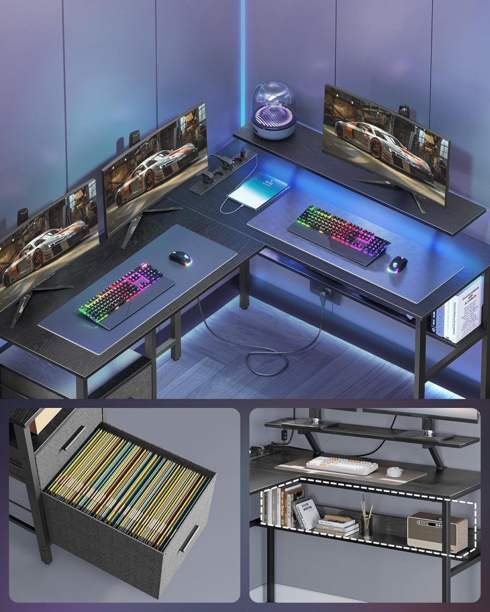 L-förmiger Eckschreibtisch mit LED-Beleuchtung und Steckdosen - USB-Anschlüssen - Gaming-Schreibtisch