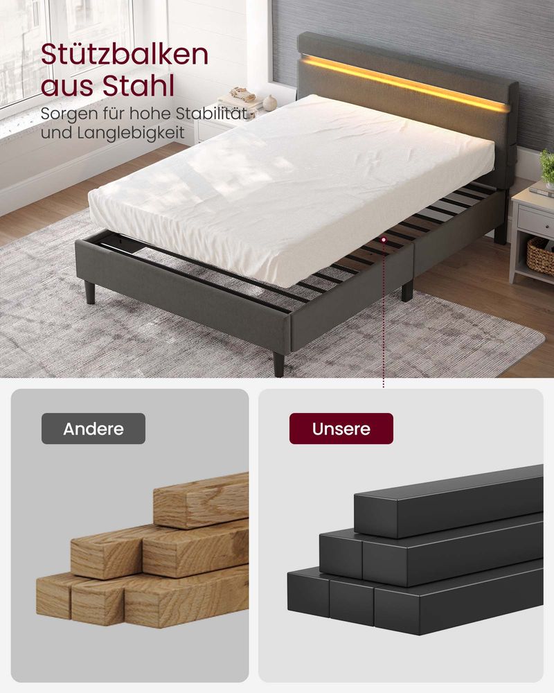 Modernes Bettgestell mit LED-Beleuchtung – USB-Lademöglichkeiten und Stauraum