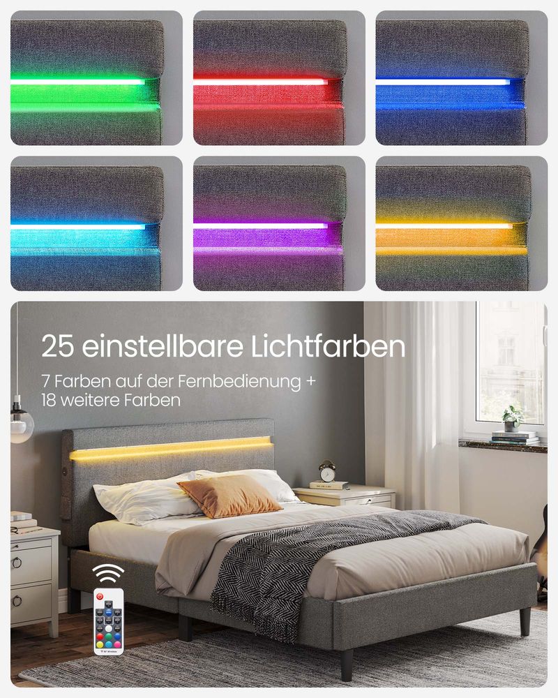 Modernes Bettgestell mit LED-Beleuchtung – USB-Lademöglichkeiten und Stauraum