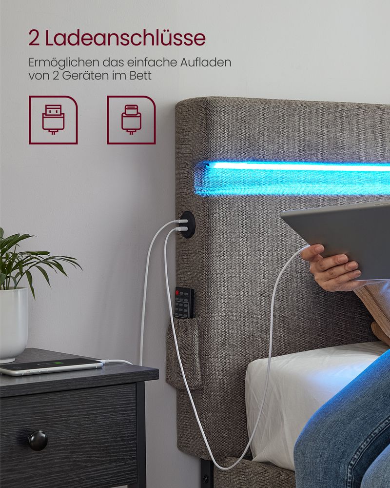 Modernes Bettgestell mit LED-Beleuchtung – USB-Lademöglichkeiten und Stauraum