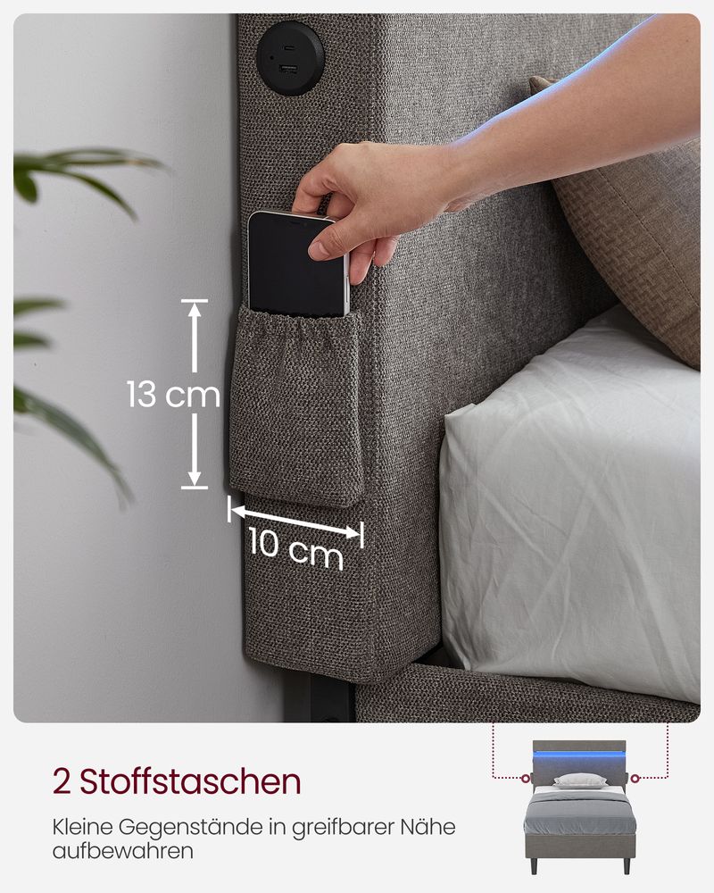 Modernes Bettgestell mit LED-Beleuchtung – USB-Lademöglichkeiten und Stauraum