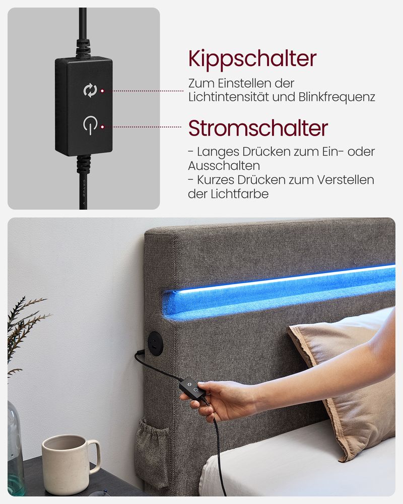 Modernes Bettgestell mit LED-Beleuchtung – USB-Lademöglichkeiten und Stauraum
