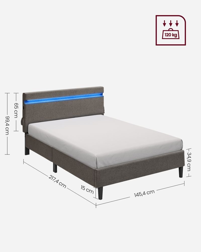 Modernes Bettgestell mit LED-Beleuchtung – USB-Lademöglichkeiten und Stauraum