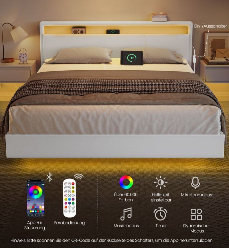 Moderner Bettrahmen mit Schwebeeffekt und LED-Beleuchtung - Integrierter USB-Anschluss