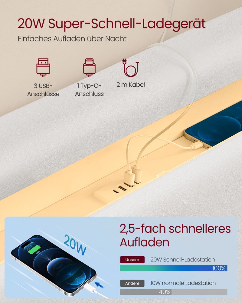 Moderner Bettrahmen mit Schwebeeffekt und LED-Beleuchtung - Integrierter USB-Anschluss