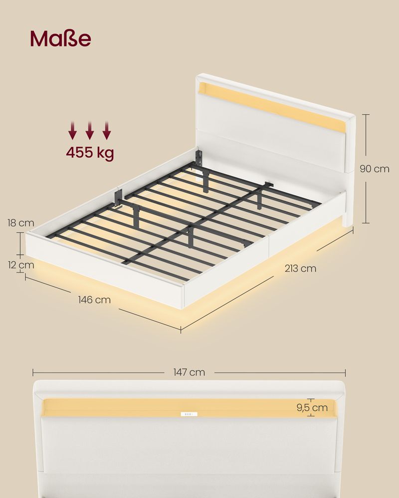 Moderner Bettrahmen mit Schwebeeffekt und LED-Beleuchtung - Integrierter USB-Anschluss