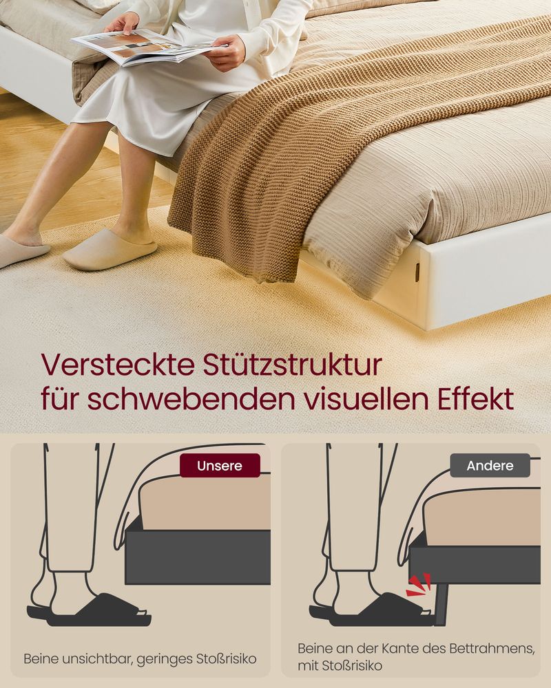 Moderner Bettrahmen mit Schwebeeffekt und LED-Beleuchtung - Integrierter USB-Anschluss