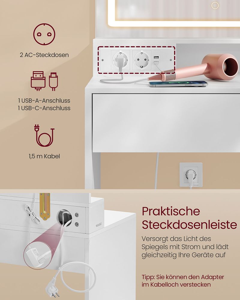 Moderner Schminktisch mit Beleuchtung und Steckdosen - USB-Anschluss