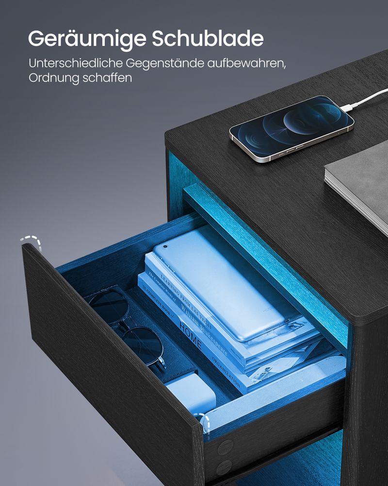 Moderner Nachttisch mit LED-Beleuchtung und Steckdosen - USB-Anschluss