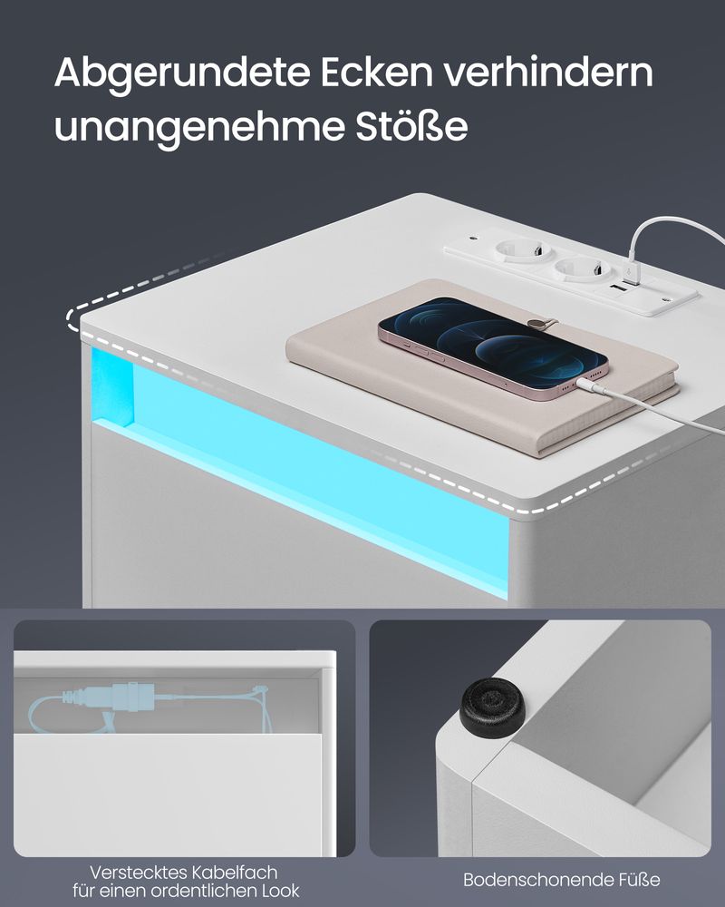 Moderner Nachttisch mit LED-Beleuchtung und Steckdosen - USB-Anschluss