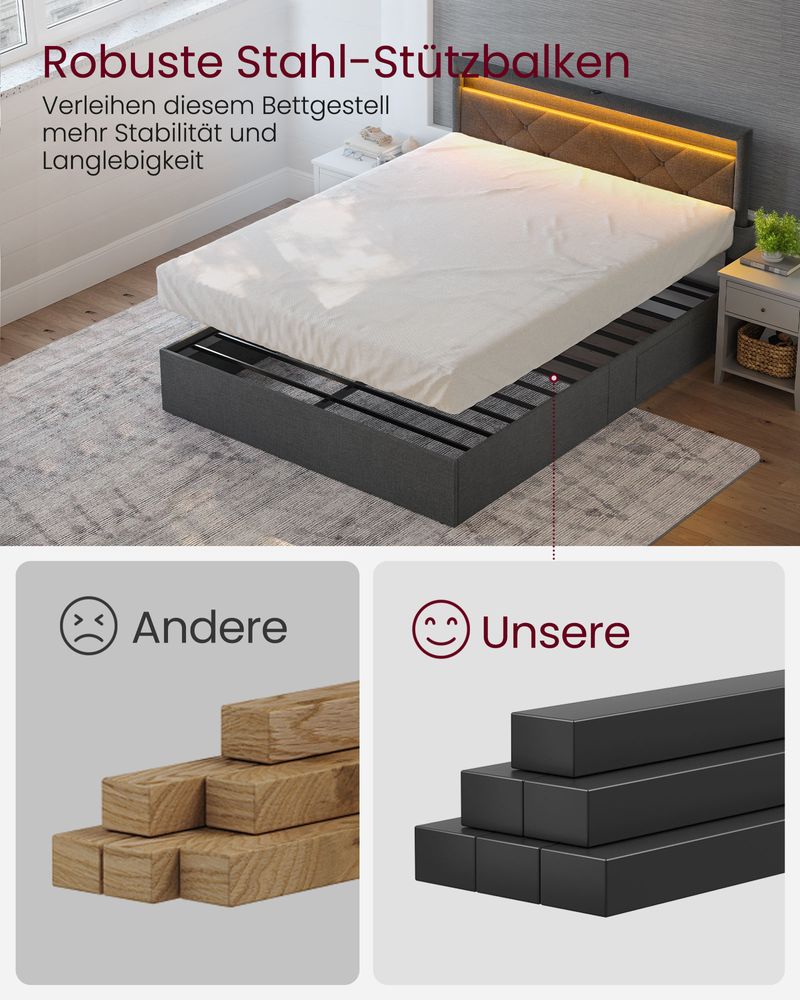 Multifunktionales Bettgestell mit LED-Beleuchtung und Stauraum - USB-Anschluss