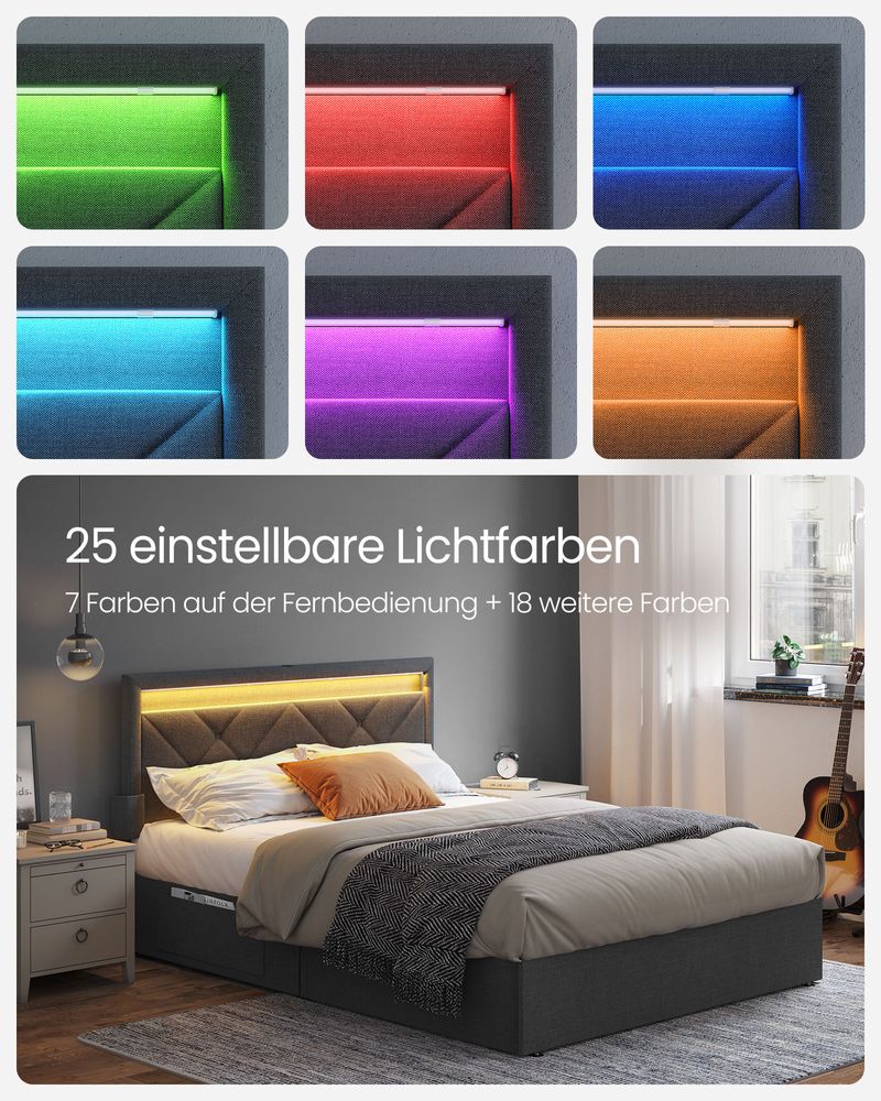 Multifunktionales Bettgestell mit LED-Beleuchtung und Stauraum - USB-Anschluss