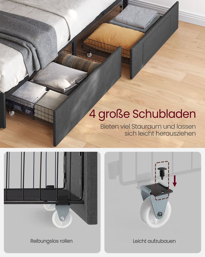 Multifunktionales Bettgestell mit LED-Beleuchtung und Stauraum - USB-Anschluss