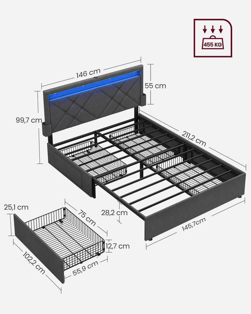 Multifunktionales Bettgestell mit LED-Beleuchtung und Stauraum - USB-Anschluss