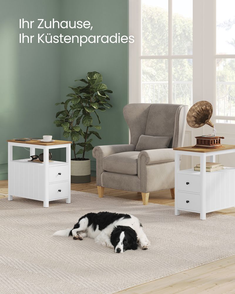 Nachttisch mit Steckdosen – Walnussoptik & Weiß