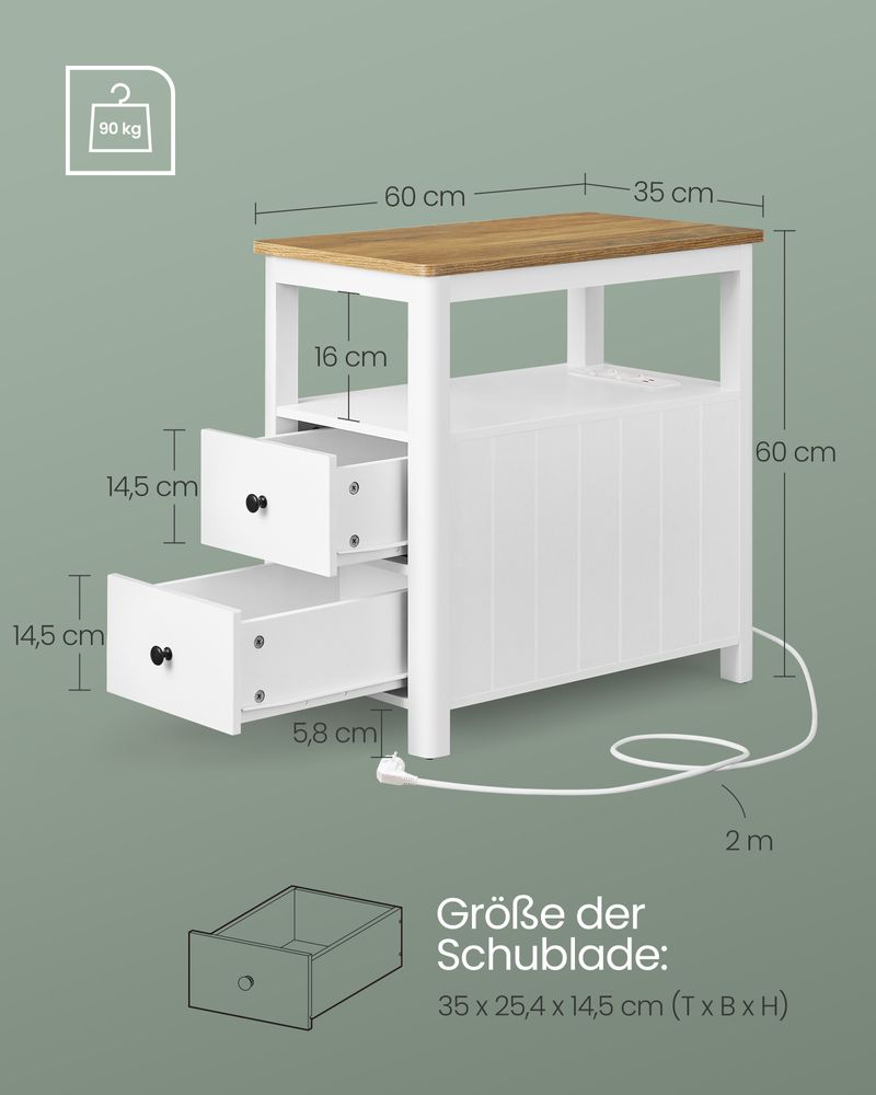 Nachttisch mit Steckdosen – Walnussoptik & Weiß