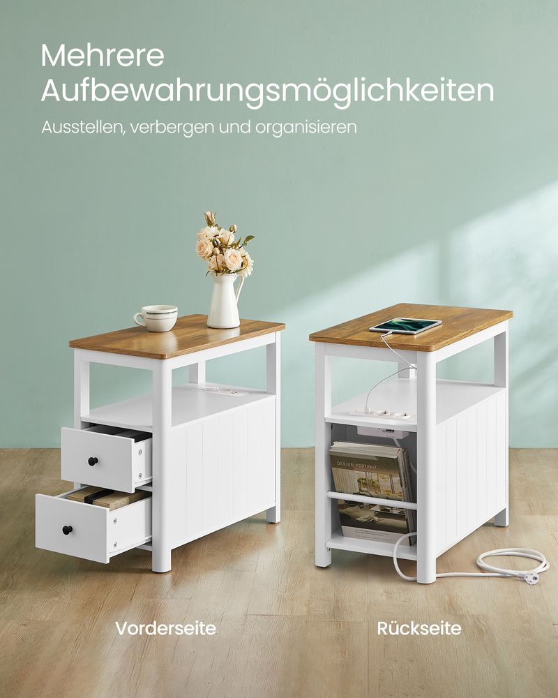 Nachttisch mit Steckdosen – Walnussoptik & Weiß