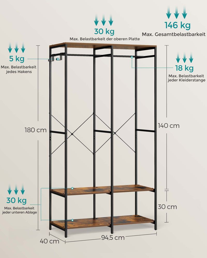 Offener Kleiderschrank mit Metallrahmen und Holzregalen