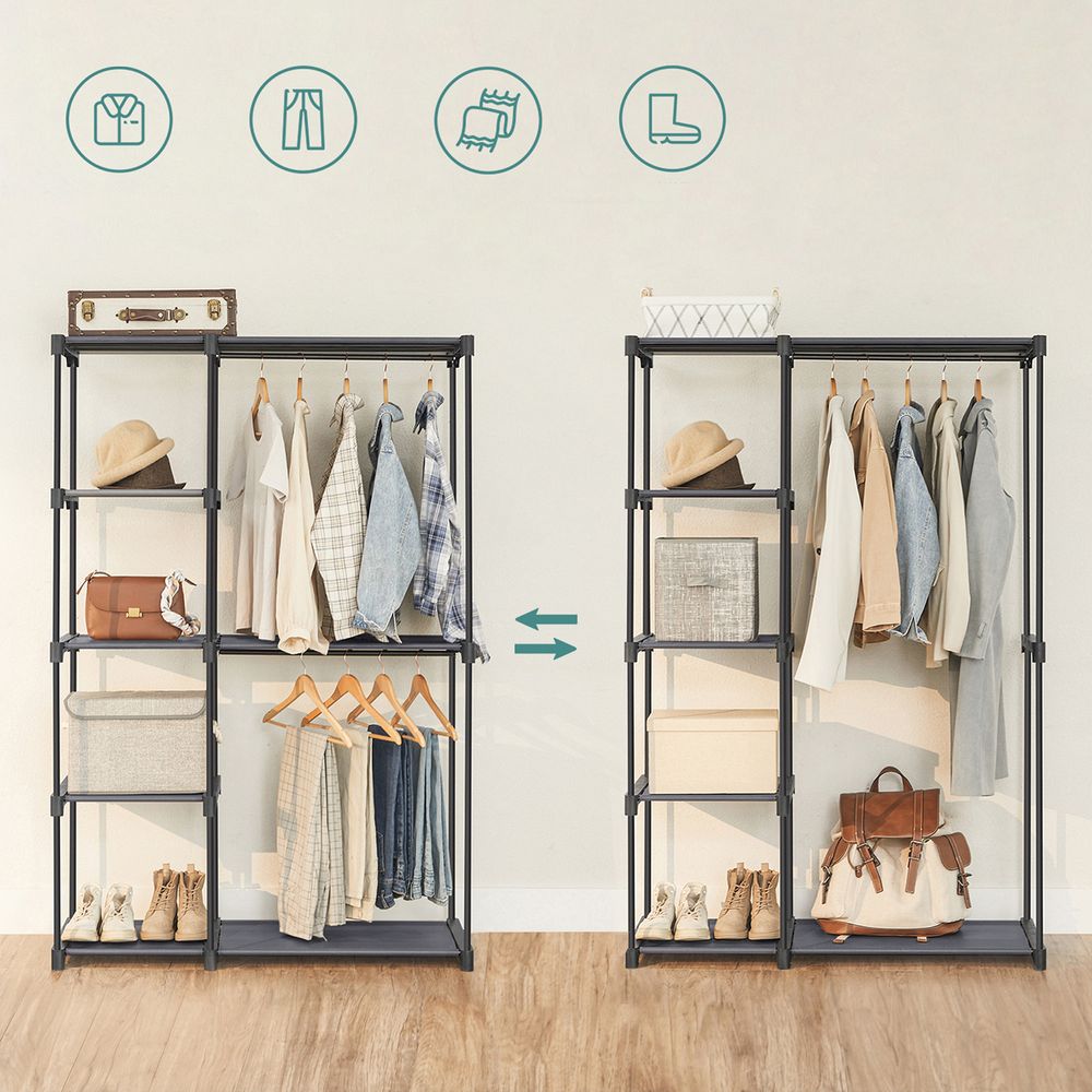 Praktischer Stoffkleiderschrank mit Kleiderstangen und Ablageflächen