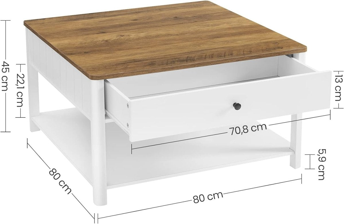 Couchtisch mit Schublade - Braune Tischplatte - Weißes Gestell - Kaffeetisch - 80 x 80 cm
