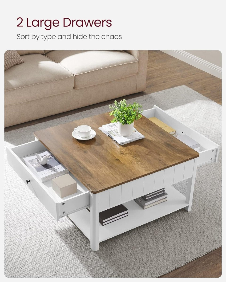 Couchtisch mit Schublade - Braune Tischplatte - Weißes Gestell - Kaffeetisch - 80 x 80 cm