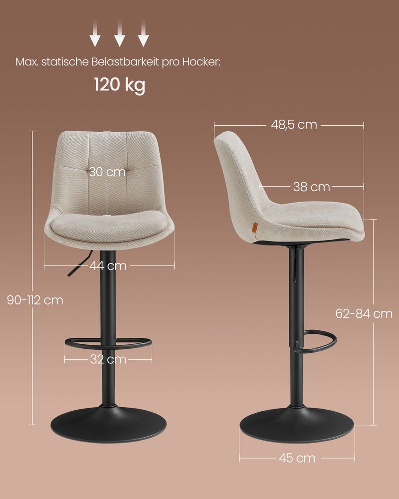 2er Set verstellbare Barstühle mit Rückenlehne und Fußstütze - 360° Drehfunktion