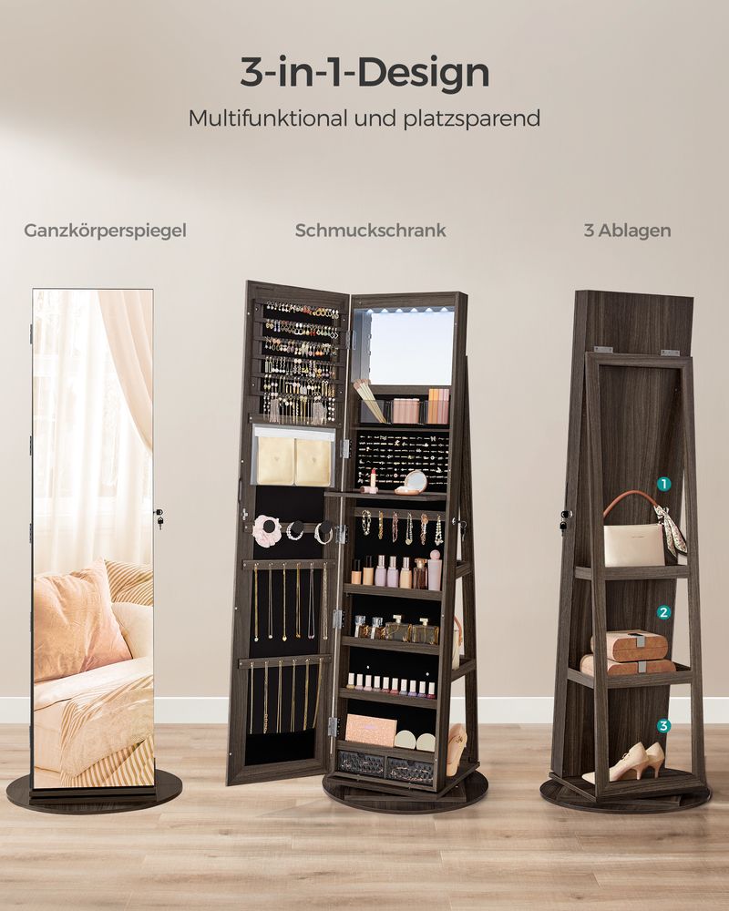 Schmuckschrank mit Spiegel - 360º drehbar - mit Schloss