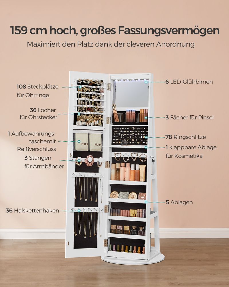 Spiegelschrank mit LED - Schmuckschrank - Standspiegel mit Stauraum