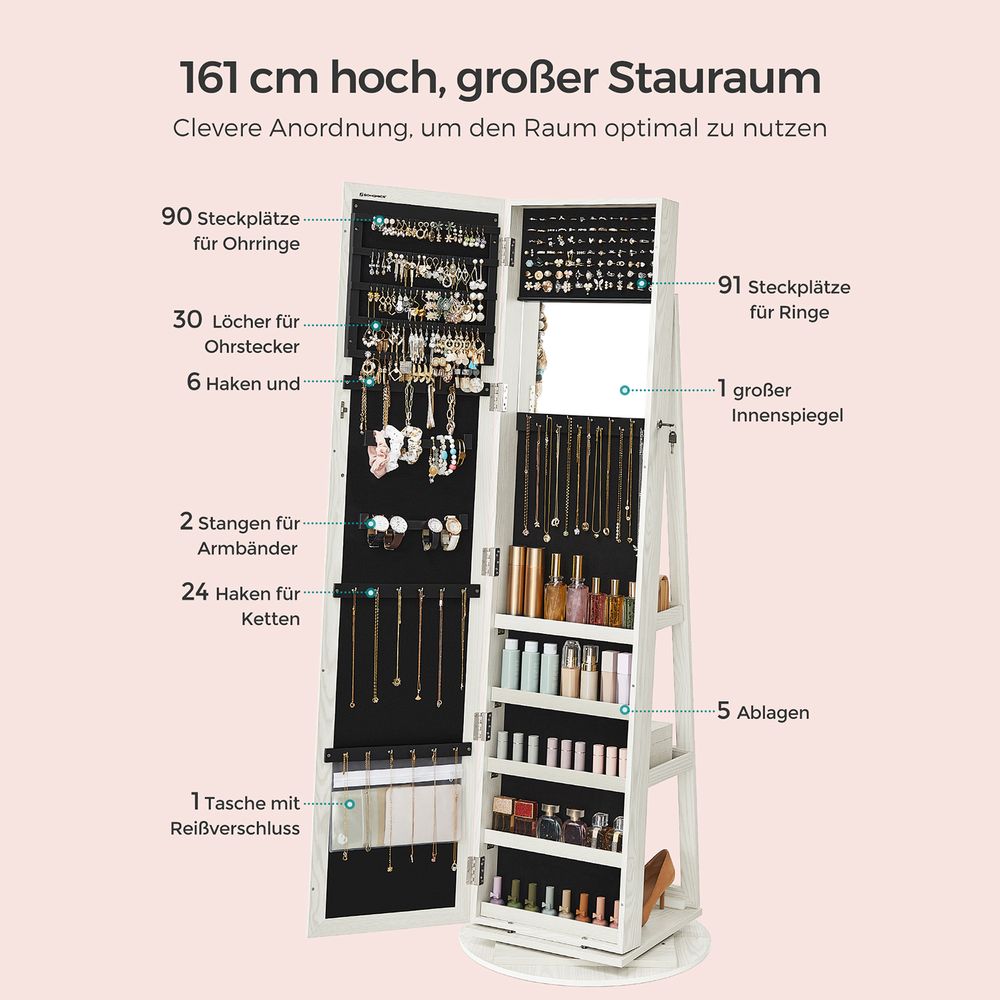 Stehender, 360° drehbarer Schmuckspiegelschrank mit Schloss