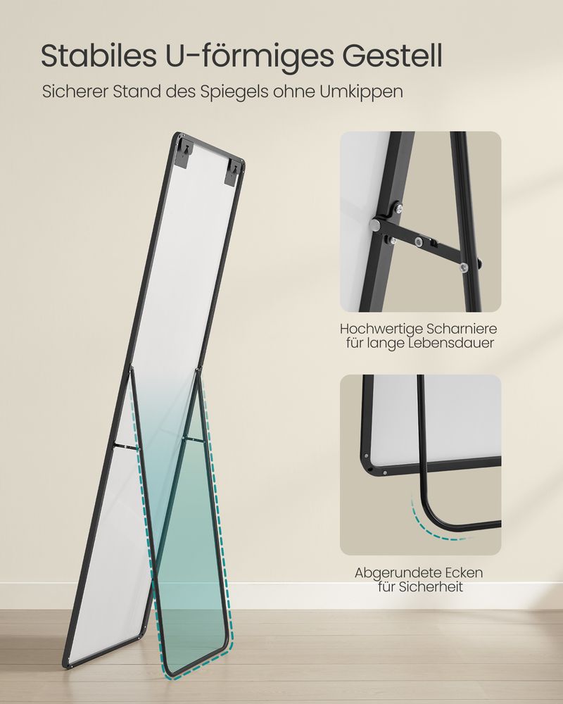 Standspiegel 160 x 50 cm – Rechteckiges Design – Freistehend oder Wandmontage