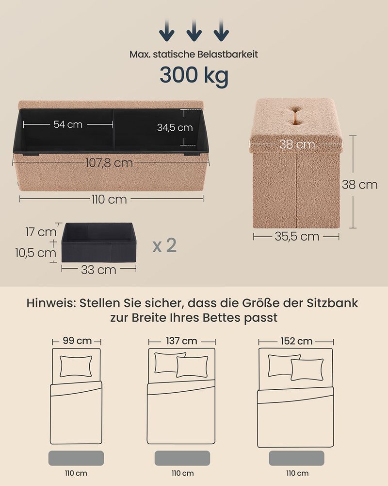 Stilvolle klappbare Aufbewahrungsbank 131 Liter – Hocker mit Stauraum