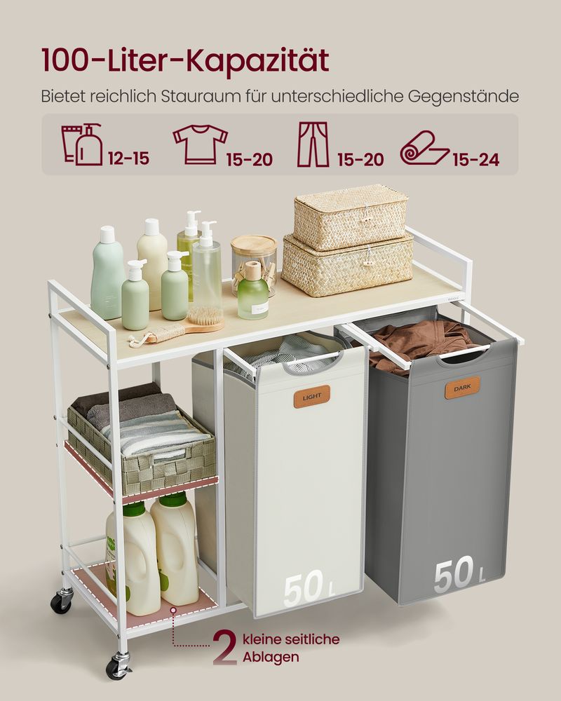 Wäschekorbwagen 2 x 50L - Wäschekorb mit Rädern