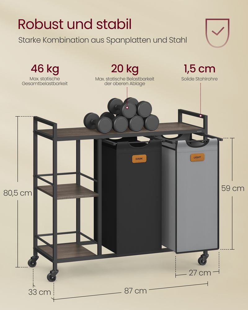 Wäschekorbwagen 2 x 50L - Wäschekorb mit Rädern