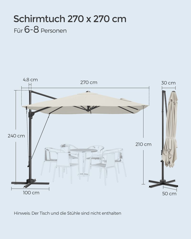 Ampelschirm 270 x 270 cm - Stufenlos verstellbar und 360° drehbar