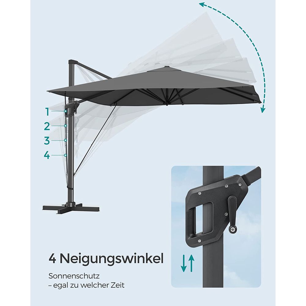 Freiarm-Sonnenschirm 290 x 290 cm – 360° drehbar – Neigungswinkel verstellbar – UPF 50+ – mit Ständer und Schutzhülle