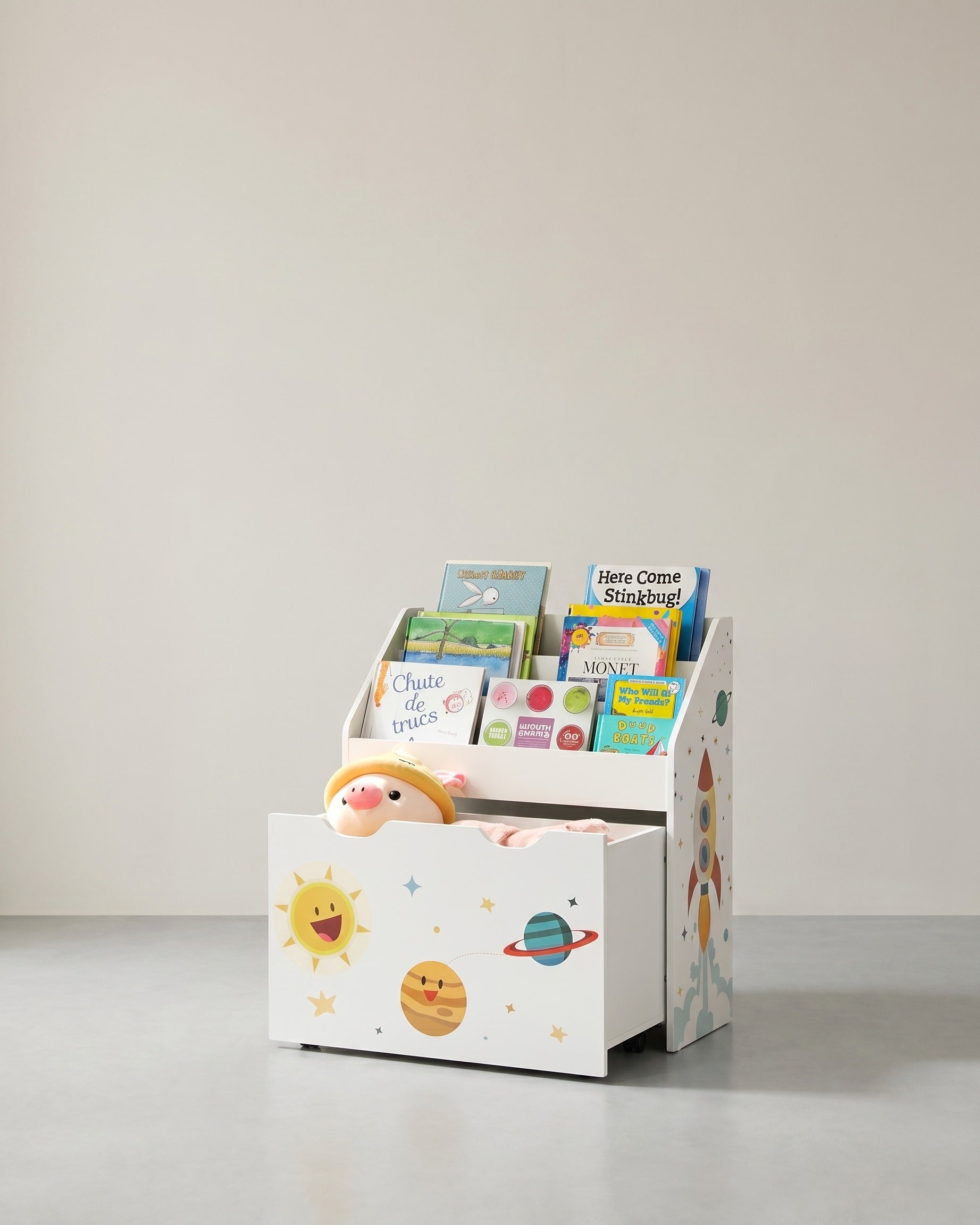 Kinderbücherregal mit Spielzeugkiste – Organizer mit Weltraumthema – mit Rollen und Kippschutz – 62,5 cm breit
