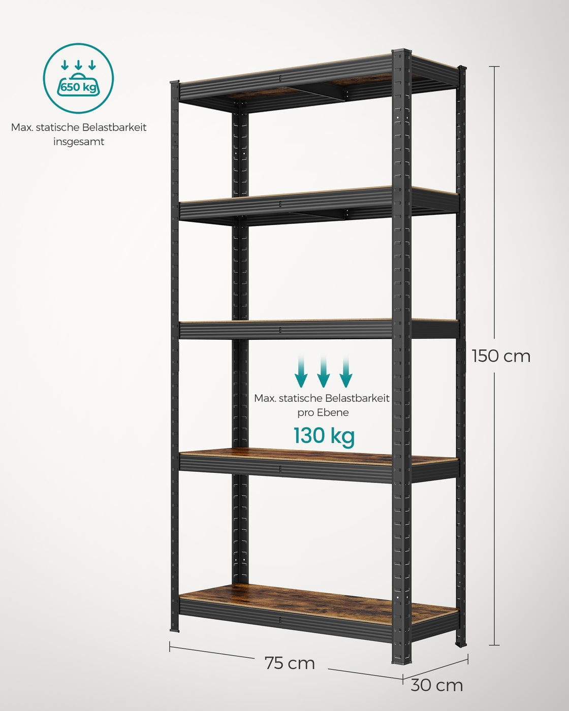 Lagerregal / Schwerlastregal – verstellbare Böden – bis 120 kg pro Boden – Stahlrahmen für Küche, Garage & Abstellraum