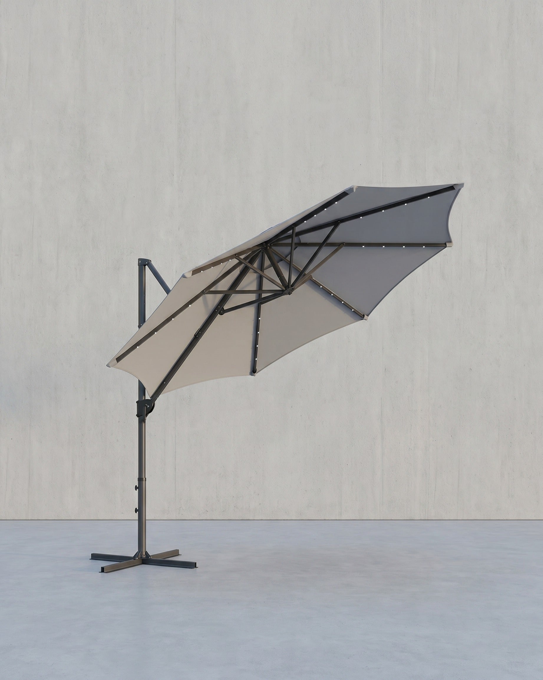 Freiarm-Sonnenschirm 300 cm mit LED-Solarbeleuchtung – 360° drehbar – stufenlos verstellbarer Neigungswinkel – UPF 50+ – mit Kurbel und Kreuzfuß – Hellgrau