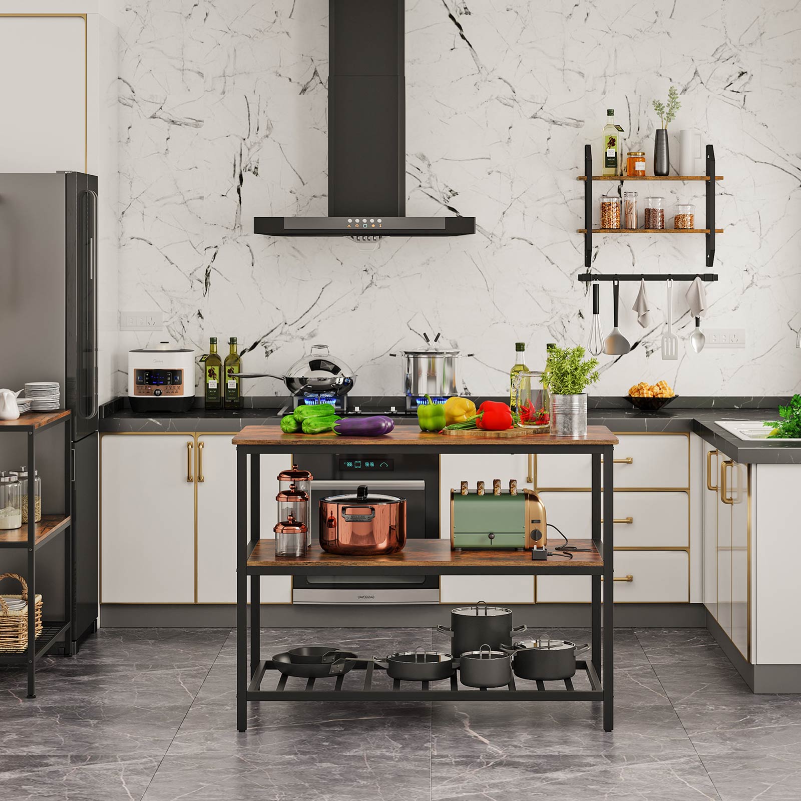 Küchenschrank – 3-stöckiges Gewürzregal – Stahlrahmen – 60 x 120 x 90 cm – Industrial-Stil