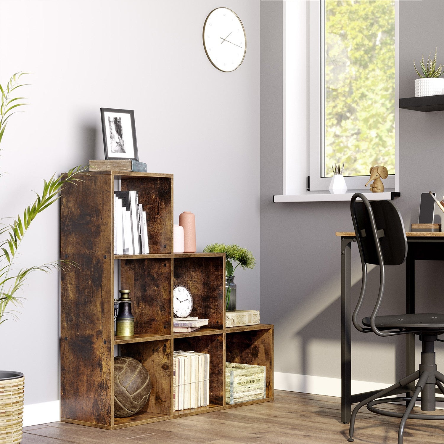 Bücherregal mit 10 Fächern – Treppenförmiges Design – Aufbewahrungsschrank – 129,5 x 29 x 129,5 cm