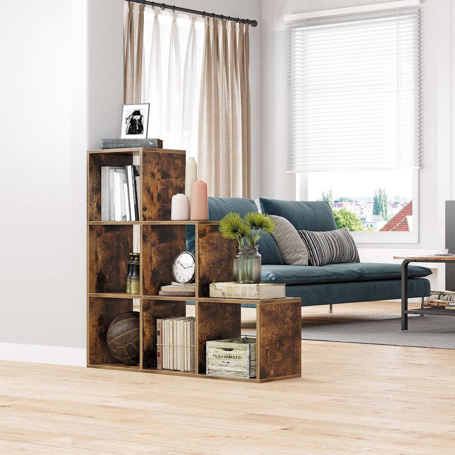 Bücherregal mit 10 Fächern – Treppenförmiges Design – Aufbewahrungsschrank – 129,5 x 29 x 129,5 cm