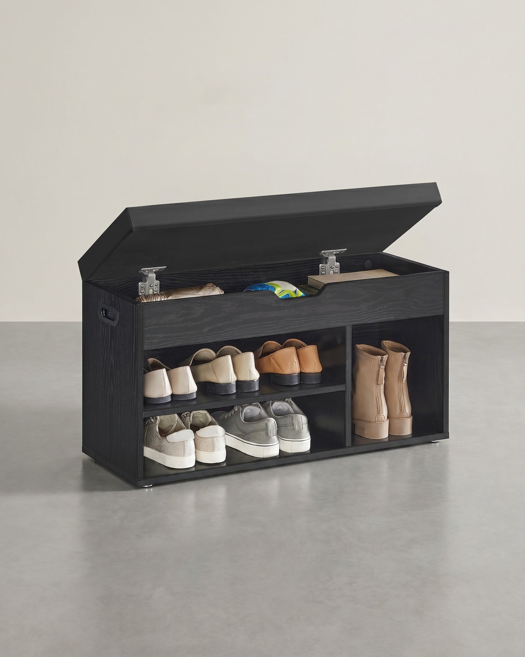 Schuhaufbewahrung – Schuhbank mit Sitzfläche – Aufbewahrungsbank mit 3 Offenen Fächern – 30 x 80 x 44 cm – Tragfähigkeit bis 150 kg
