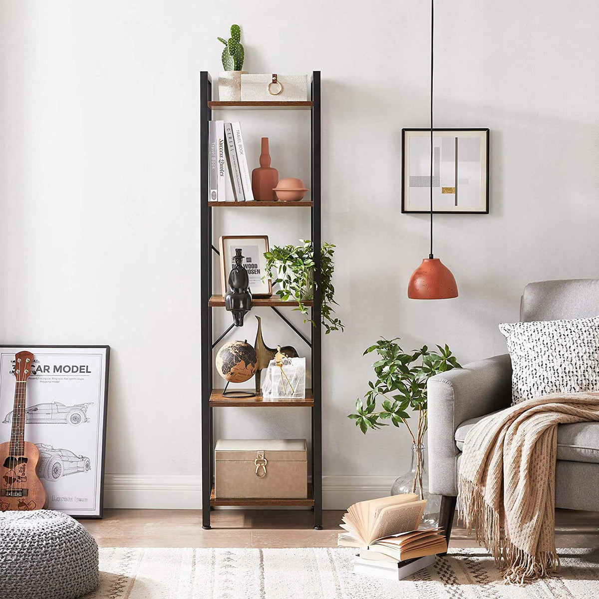 Bücherregal Industriedesign – 6 Ebenen – schmal 40 cm – schwarzer Metallrahmen mit Holzoptik – für Wohnzimmer & Büro