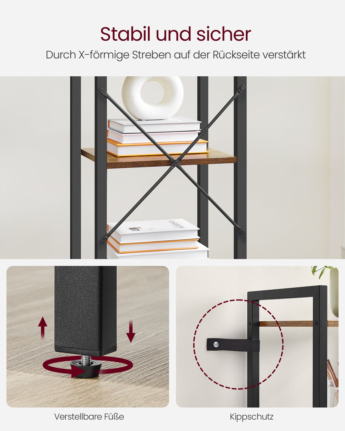 Bücherregal Industriedesign – 6 Ebenen – schmal 40 cm – schwarzer Metallrahmen mit Holzoptik – für Wohnzimmer & Büro