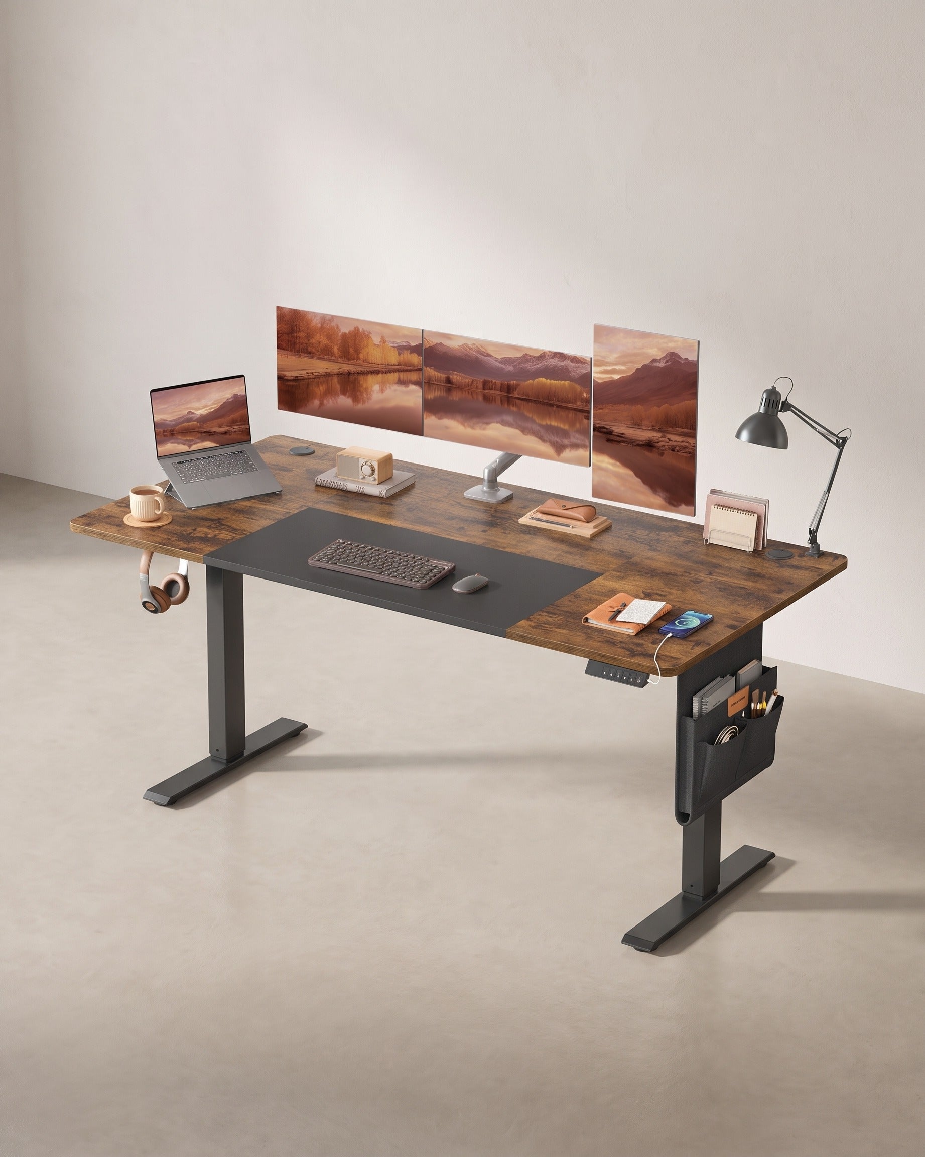 Komplettes Arbeitsplatz-Budget – Elektrischer Sitz-Steh-Schreibtisch + ergonomischer Bürostuhl – Höhenverstellbarer Schreibtisch – Heimarbeitsplatz – Braun